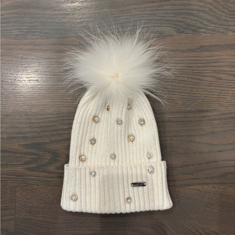 Bari Lynn White Ribbed Knit Hat with Pom Pom and Studs